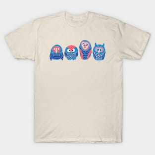 WOO HOO Owls Cute Funny Birds Forest Woodland Nature Wildlife in Blue Red Pink Cream - UnBlink Studio by Jackie Tahara T-Shirt